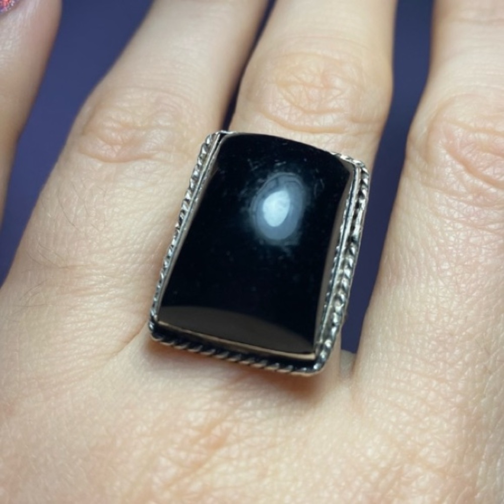 VINTAGE BLACK ONYX NATURAL STONE IN 925 STERLING SILVER RING - Picture 2 of 9
